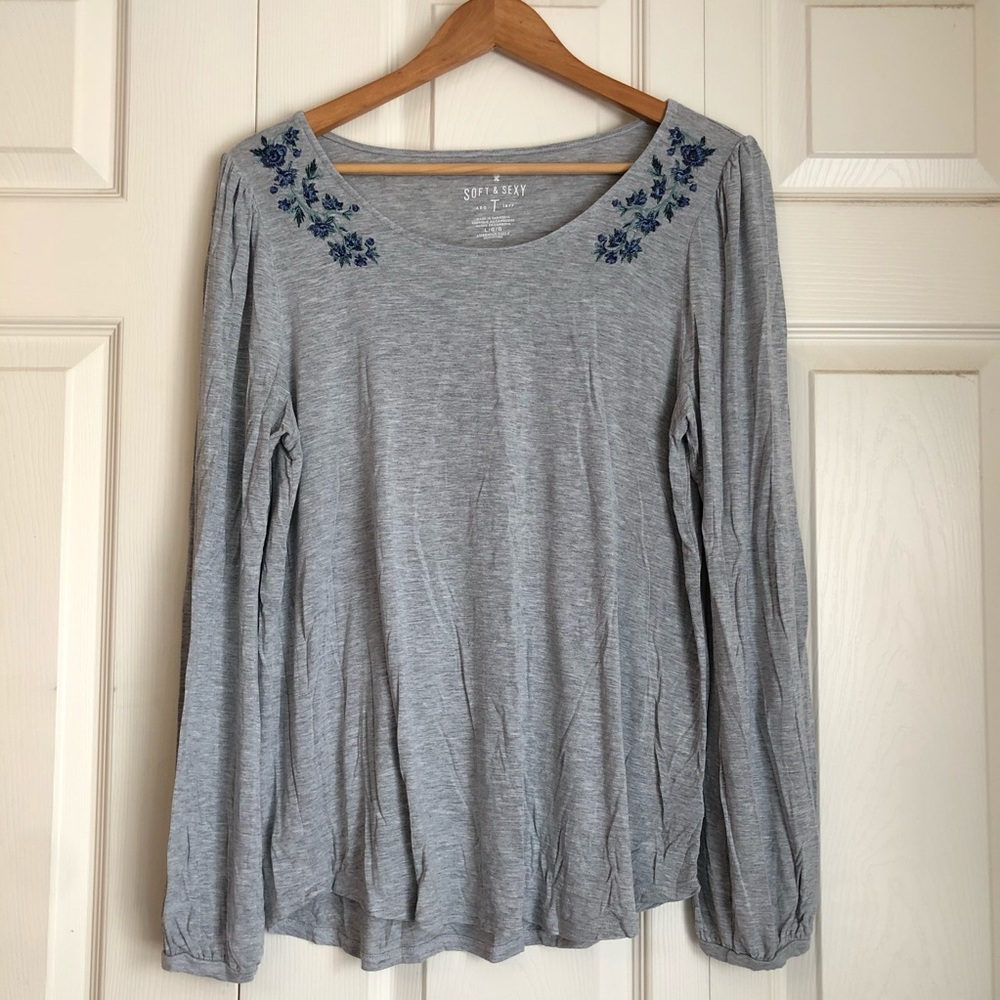 Grey Floral American Eagle Long Sleeve Top
